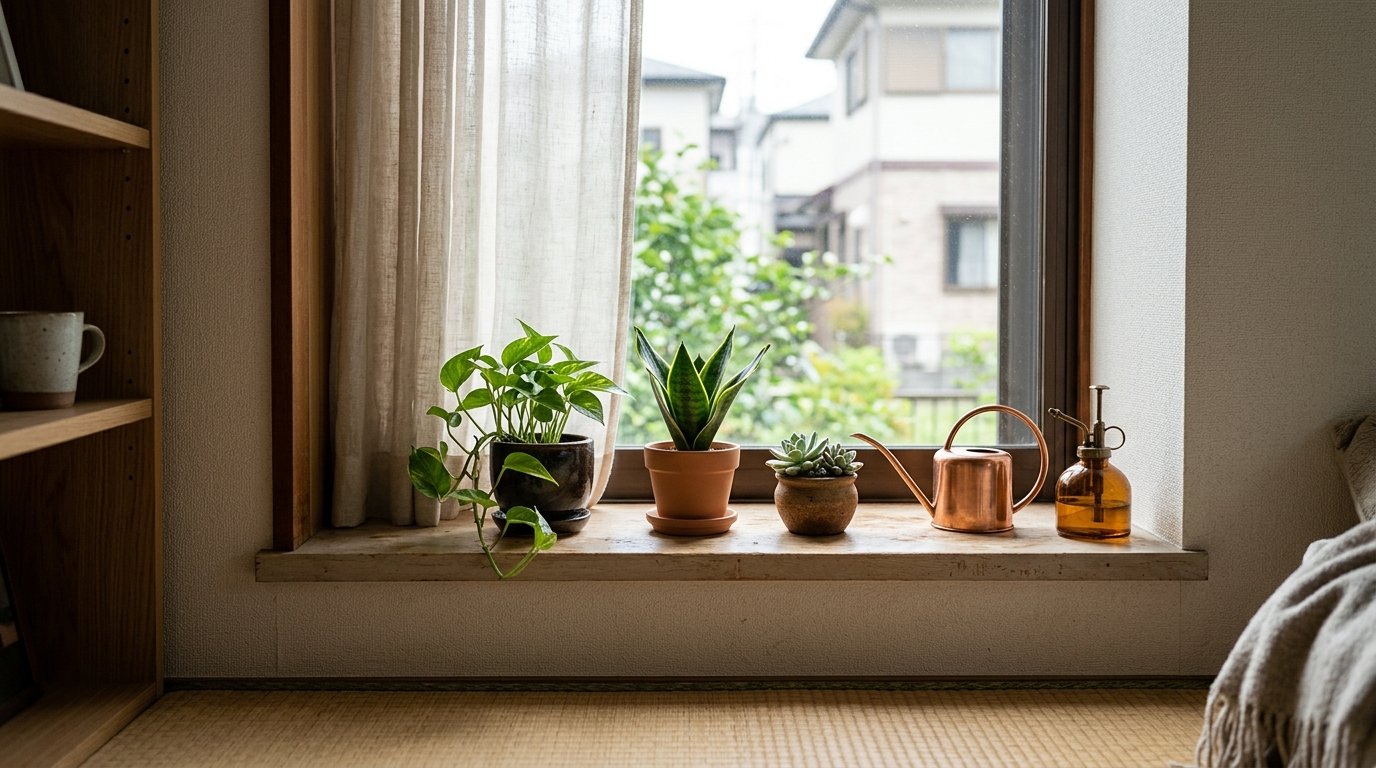 Japanese Indoor Plant Care Setup Guide: Self-Watering Pots and Leaf Dusting Gloves