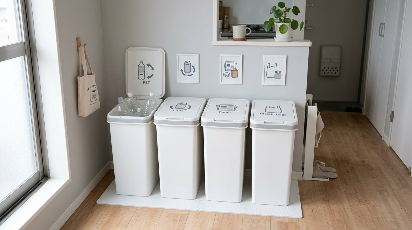 Japanese Recycling Station and Waste Storage Guide: Bottles, Cans, Paper, and Daily Sorting